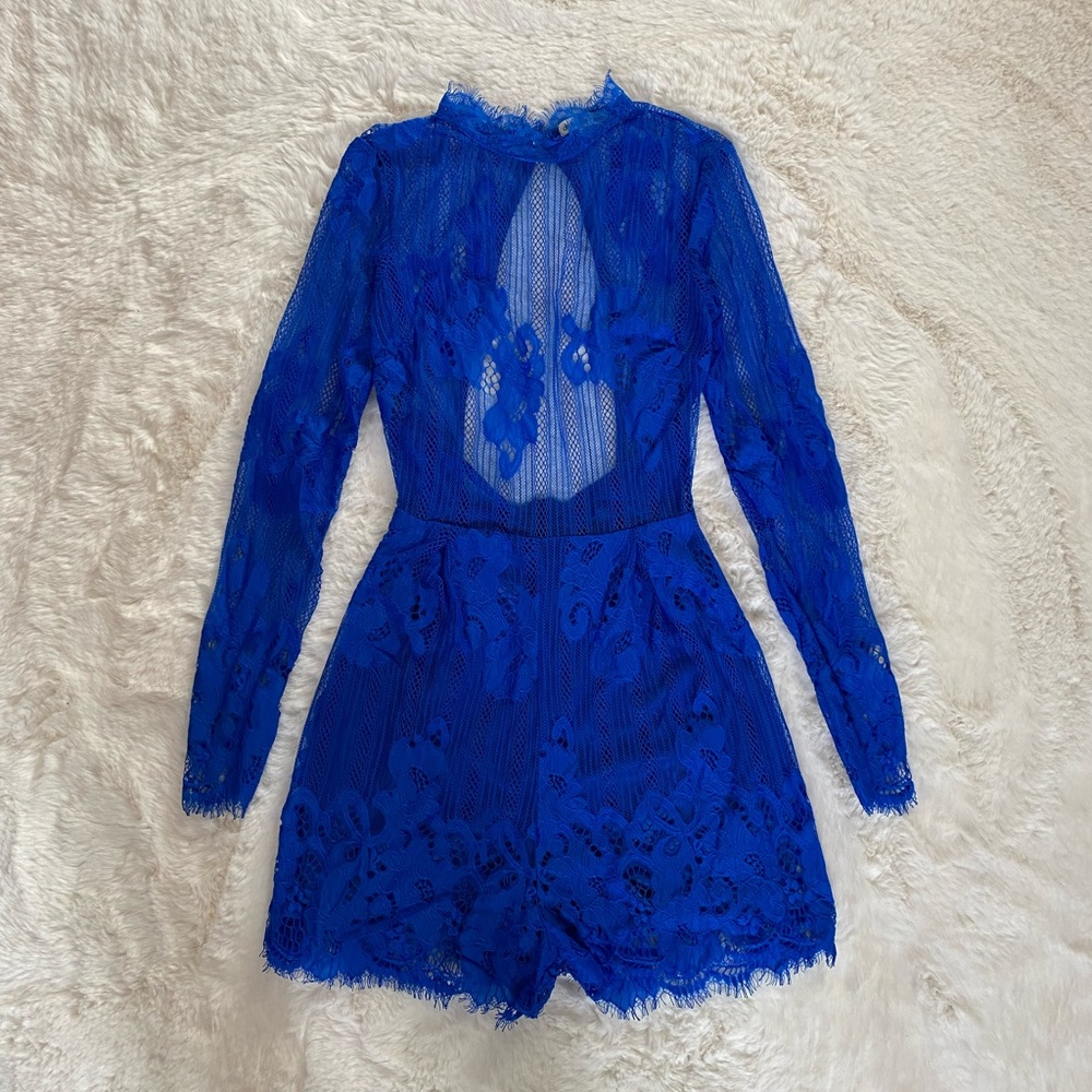 Charlotte Russe - Cobalt Blue Floral Lace Long Sleeve Open Back Bodycon Romper